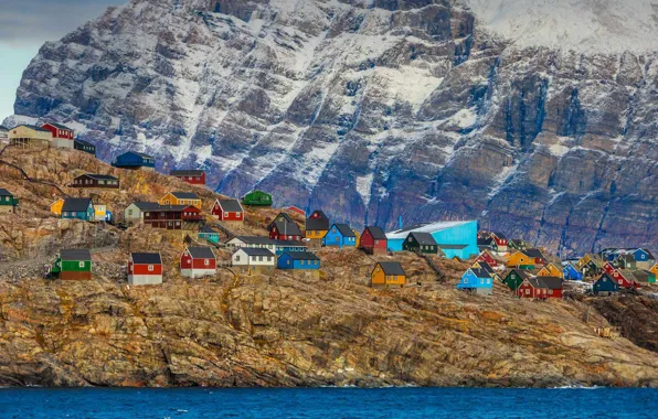 Картинка море, горы, скала, дома, Гренландия, Уманак