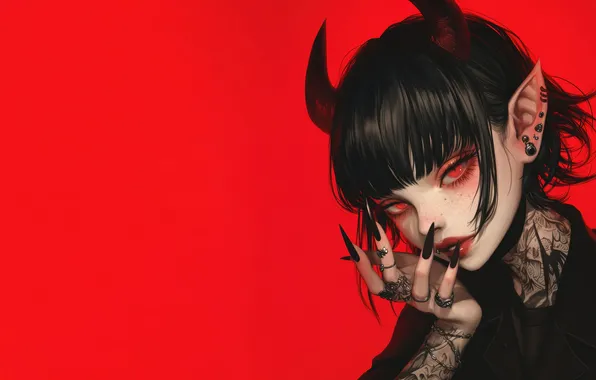 Girl, Devil, Anime, Red Eyes, Women, Tattoo, Demon, Horn