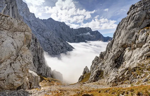 Облака, камни, скалы, гора, Бавария, Альпы, тропинка, Zugspitze