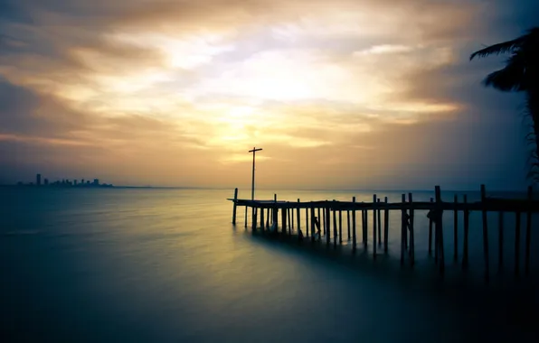 Море, пейзаж, закат, мост