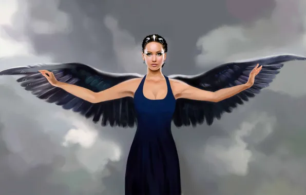 Картинка взгляд, девушка, лицо, фантастика, крылья, ангел, руки, платье
