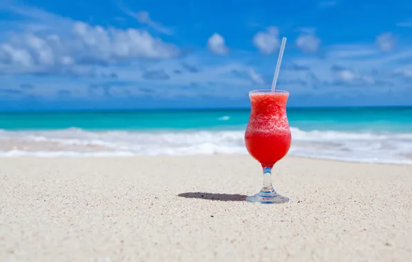 Картинка песок, пляж, лето, океан, отдых, коктейль