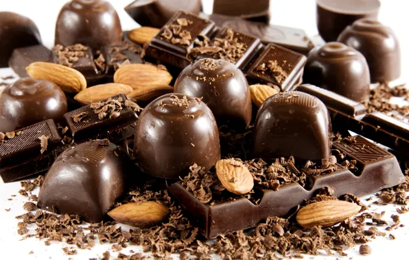 Картинка черный, темный, шоколад, конфеты, орехи, миндаль, сладкое, chocolate