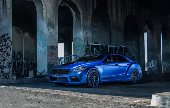 Mercedes Benz, blue, CLS550, side front