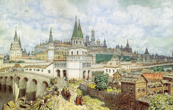 Картинка акварель, карандаш, уголь, Всехсвятский мост и Кремль в конце XVII века, Расцвет Кремля