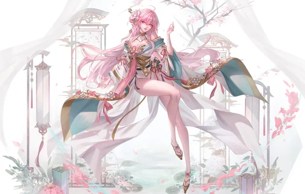 Cleavage, pink hair, long hair, dress, legs, drawing, anime girls, thighs