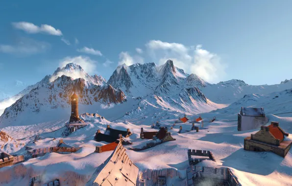 Картинка снег, горы, маяк, the witcher 3 wild hunt