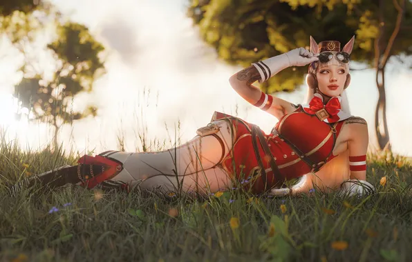 Картинка red, women, cosplay, white hair, looking away, lying on side, arm support, Alin Ma