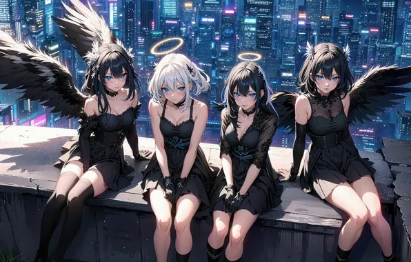 City, город, небоскребы, аниме, красотки, нимб, anime, angels