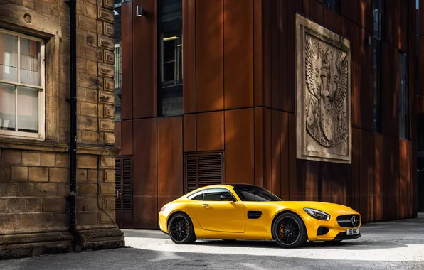 Желтый, Mercedes, мерседес, AMG, амг, UK-spec, 2015, GT S