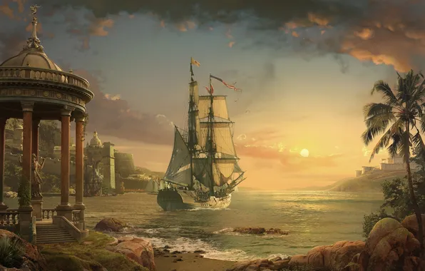 Картинка море, пейзаж, закат, пальмы, корабль, парусник, арт, колонны