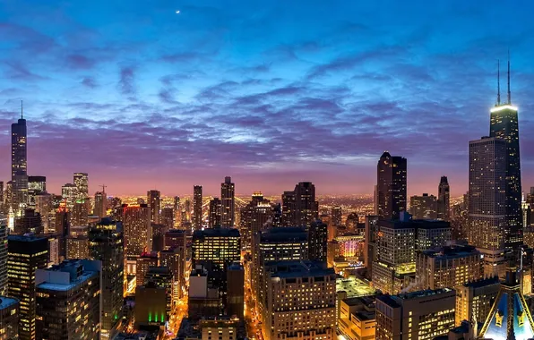 Здания, Чикаго, панорама, ночной город, Chicago, небоскрёбы