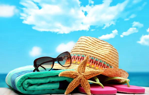 Картинка summer, beach, hat, sun, blue sky, glasses, vacation, starfish