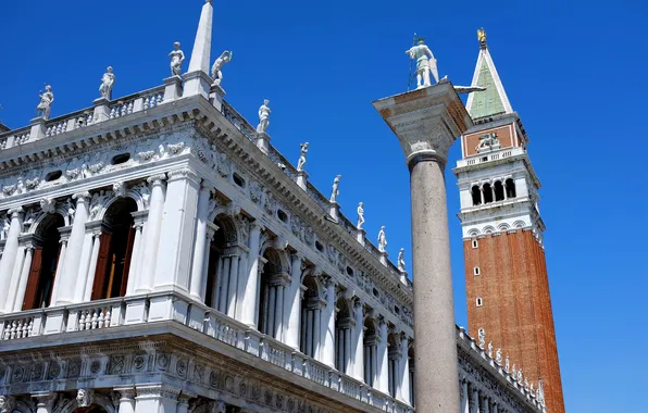 Небо, Италия, Венеция, кампанила, колонна Святого Теодора, колокольня собора Святого Марка