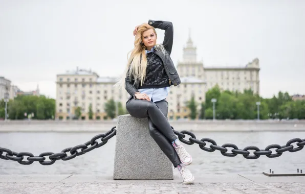 Лицо, город, стиль, река, фон, модель, волосы, куртка