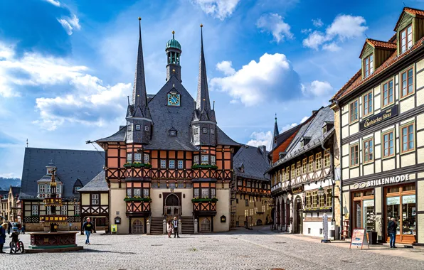 Небо, облака, башня, дома, Германия, площадь, Wernigerode