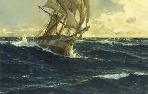 Картинка море, волны, корабль, паруса, маринист, michael zeno diemer