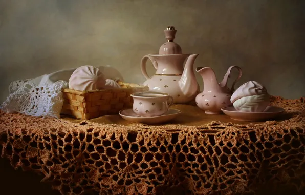 Стол, чай, горячий, чайник, пар, чашка, натюрморт, блюдце