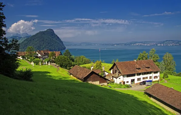 Горы, озеро, берег, дома, Швейцария, склон, Lake Lucerne, Gersau