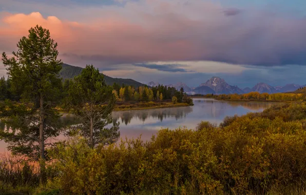 Картинка осень, лес, деревья, закат, горы, река, берег, США