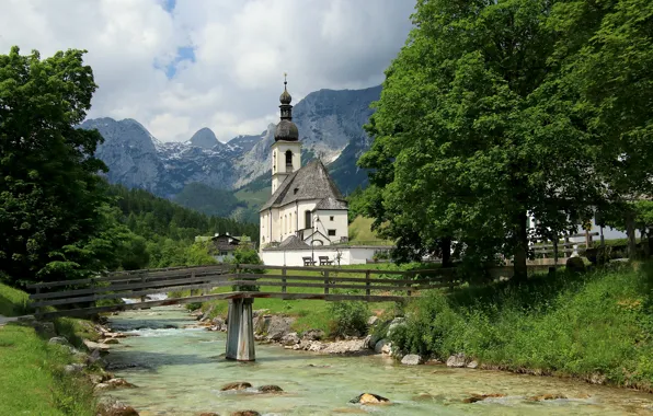 Деревья, горы, река, камни, берег, Германия, Бавария, Альпы