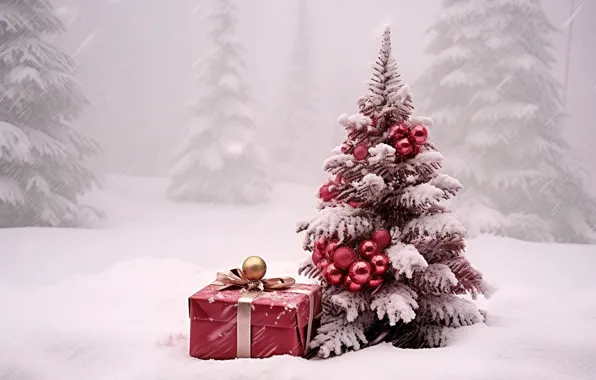 Картинка зима, снег, украшения, шары, елка, Новый Год, Рождество, подарки