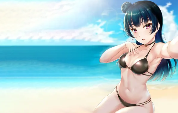 Girl, sexy, cleavage, beach, long hair, sea, boobs, anime
