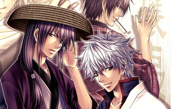 Трубка, шляпа, жест, art, gintama, sakata gintoki, гинтама, takasugi shinsuke