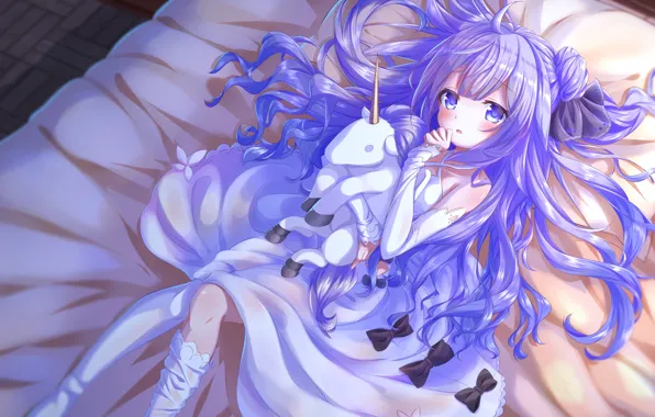 Девочка, лежит, сиреневые волосы, azur lane