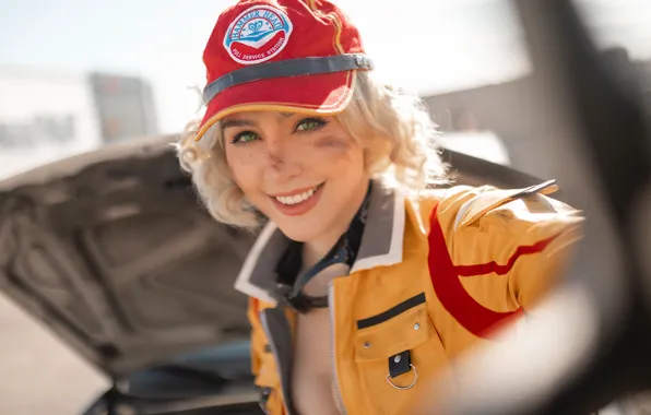 Картинка car, Final Fantasy, green eyes, hat, model, women, cosplay, blonde