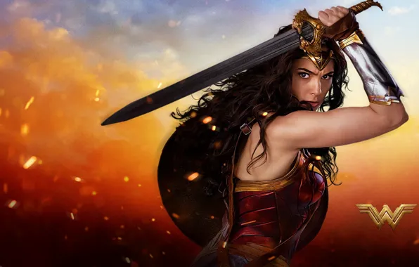 Картинка cinema, fire, flame, sword, Wonder Woman, armor, movie, ken