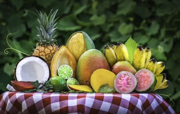 Картинка кокос, лайм, фрукты, манго, ананас, банан, тропические, фейхоа