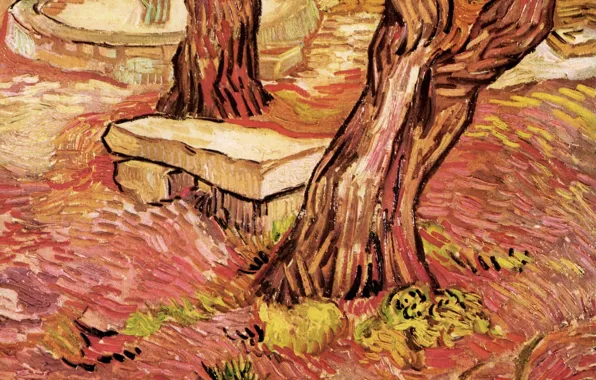 Картинка лавочка, фонтан, два дерева, Винсент ван Гог, in the Garden, of Saint-Paul Hospital, The Stone …