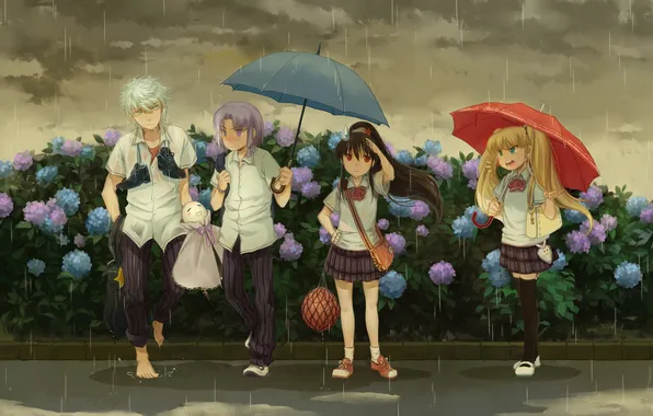 Картинка небо, облака, девушки, дождь, зонт, аниме, арт, форма