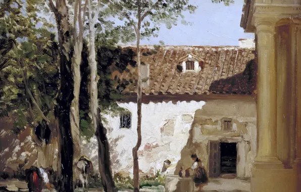 Картинка деревья, пейзаж, дом, картина, Карлос де Хаэс, Двор Монастыря Пьедра