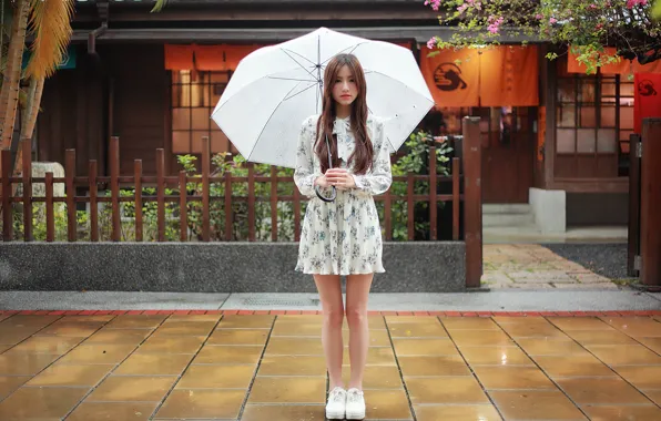 Девушка, лицо, зонтик, дождь, волосы, платье, ножки