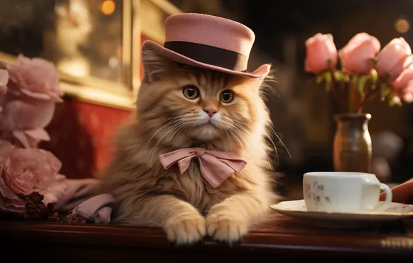 Кошка, взгляд, цветы, поза, котенок, стол, розовый, чай