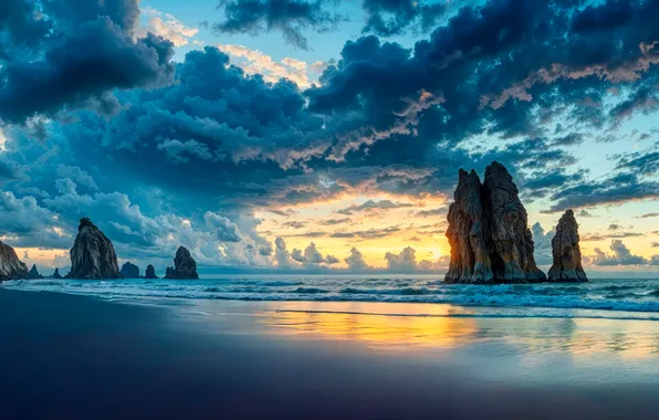Картинка beach, sea, coast, sunset, clouds, cliffs