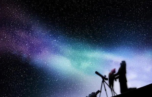 Девушка, звезды, ночь, сияние, аниме, арт, телескоп, rery rr23