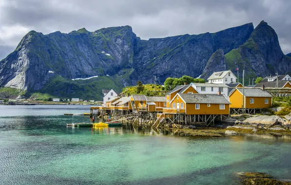 Море, горы, скалы, дома, Норвегия, залив, Lofoten