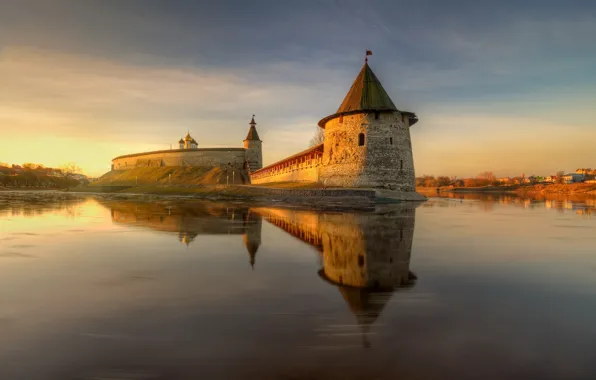 Река, стена, башня, Город, Берег, крепость, Россия