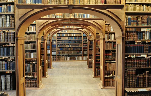 Книги, арка, полки, библиотека