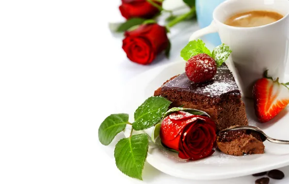 Картинка цветы, малина, кофе, розы, клубника, чашка, торт, rose