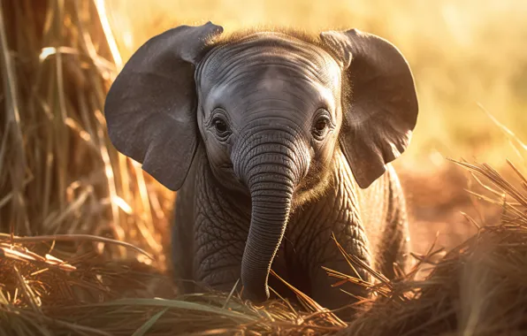 Картинка blur, digital art, elephant, reeds, 3d graphics, baby animal