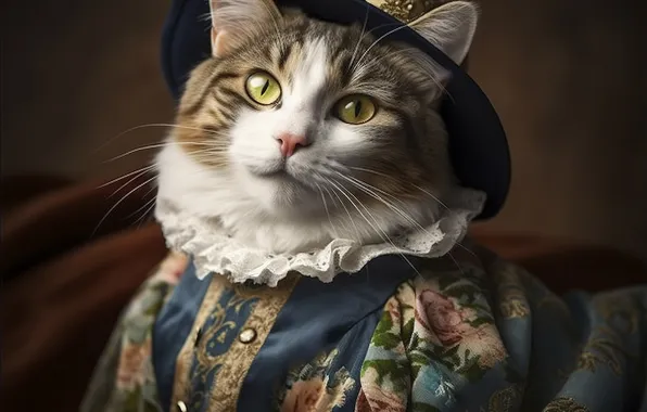 Кошка, кот, взгляд, поза, портрет, картина, шляпа, воротник