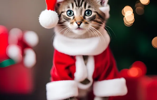 Кошка, котенок, Рождество, Новый год, новогодние украшения, колпак Санты, костюм Санты, ИИ-арт