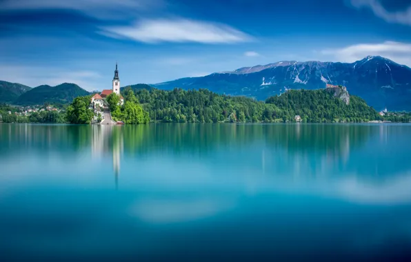 Горы, озеро, остров, водная гладь, Словения, Lake Bled, Slovenia, Бледское озеро