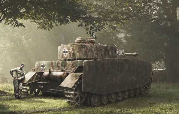 Лес, Германия, солдат, танк, немцы, Pz-IV, Рисованное фото, Вермахт