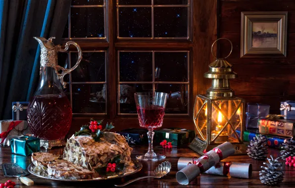 Картинка вино, бокал, окно, Рождество, пирог, фонарь, подарки, кувшин
