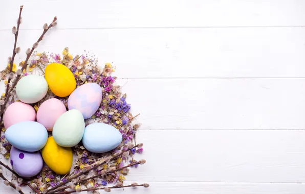 Картинка цветы, яйца, Пасха, happy, wood, flowers, eggs, easter